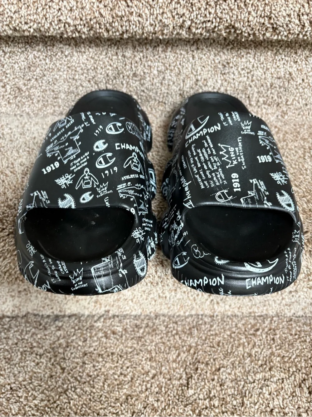 Champion Men’s Black Platform Slides with White Graphic Logo Print